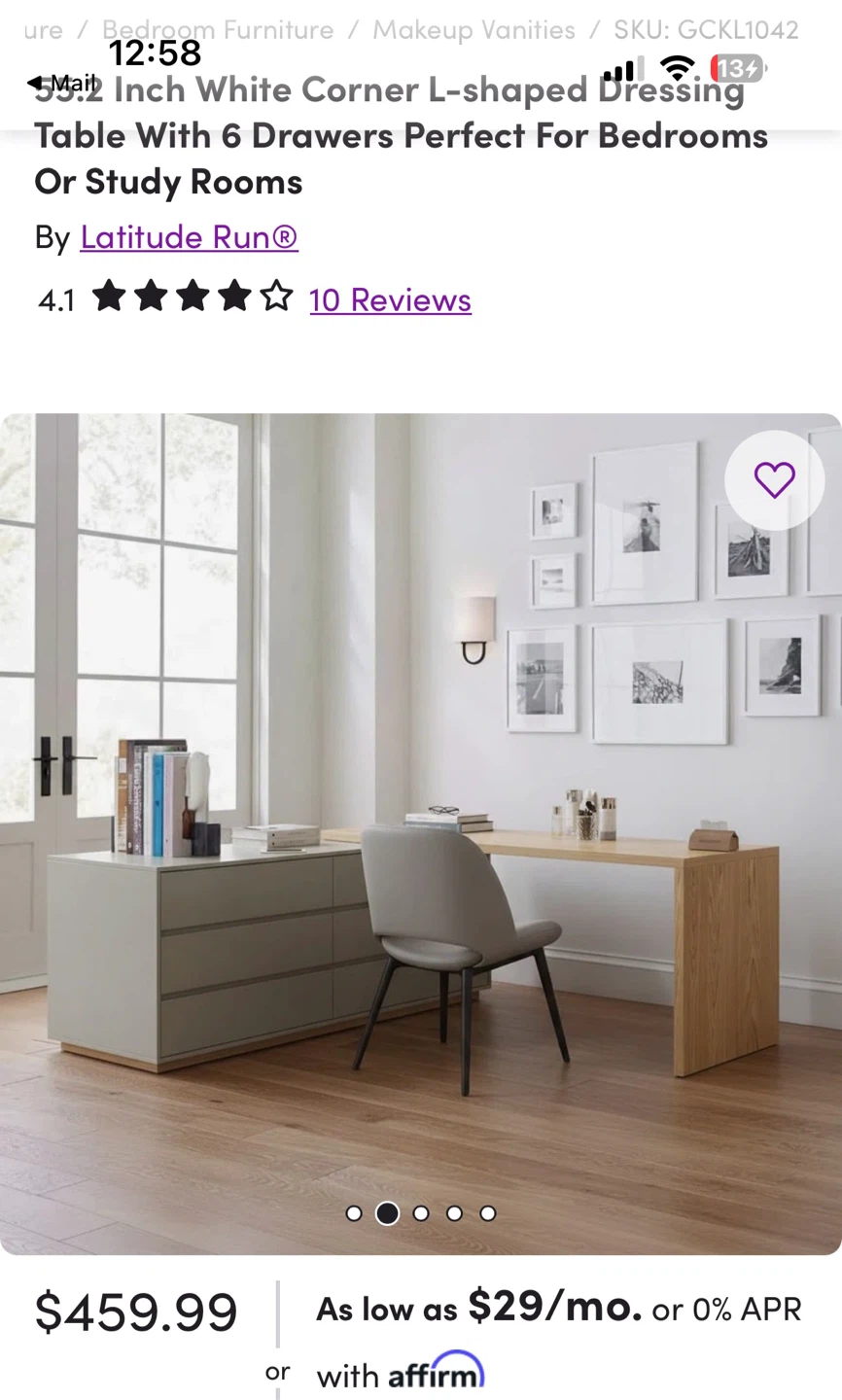 Latitude Run White Corner L-Shaped Dressing Table - photo 2