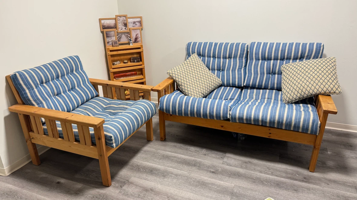Wooden sofa and matching armchair set