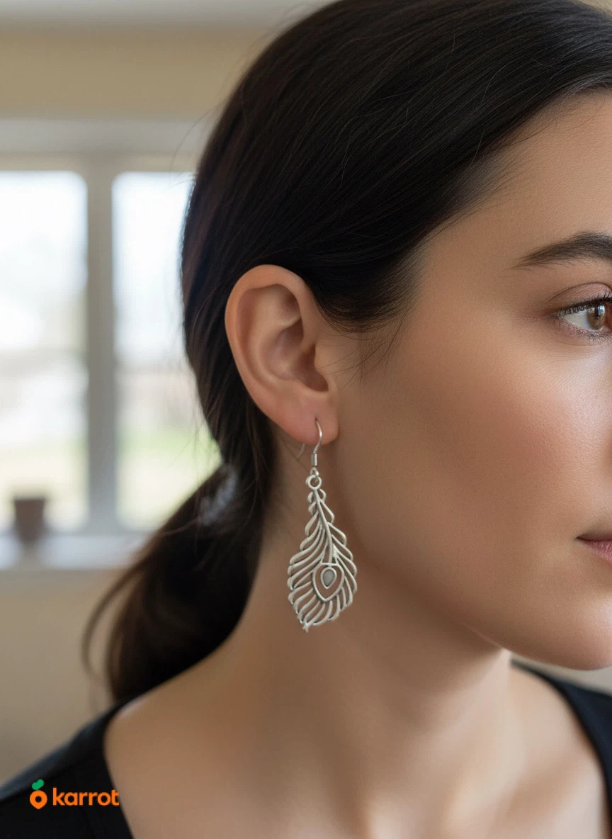 Silver-Tone Peacock Feather Drop Earrings - photo 3