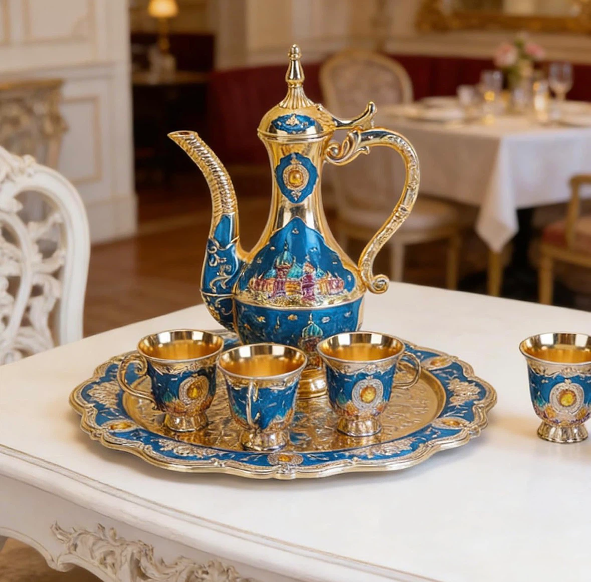 Vintage Style Gold and Blue Metal Tea Set