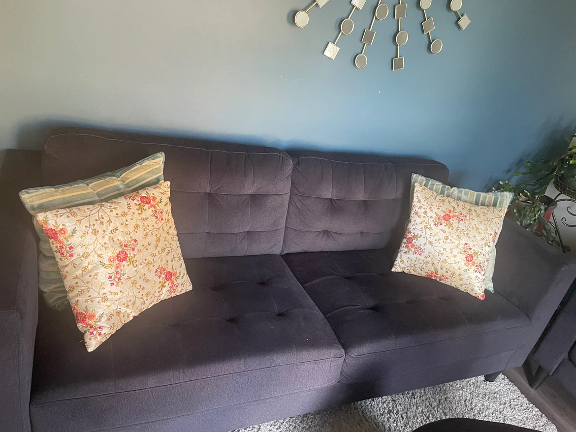 Dark grey tufted fabric sofa