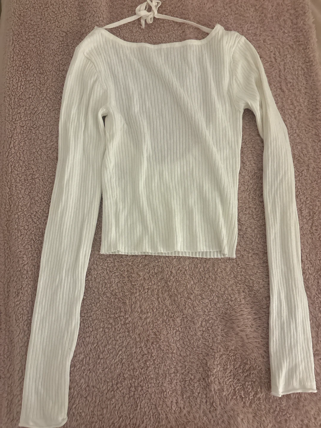 White Long Sleeve Ribbed Tie-Back Top