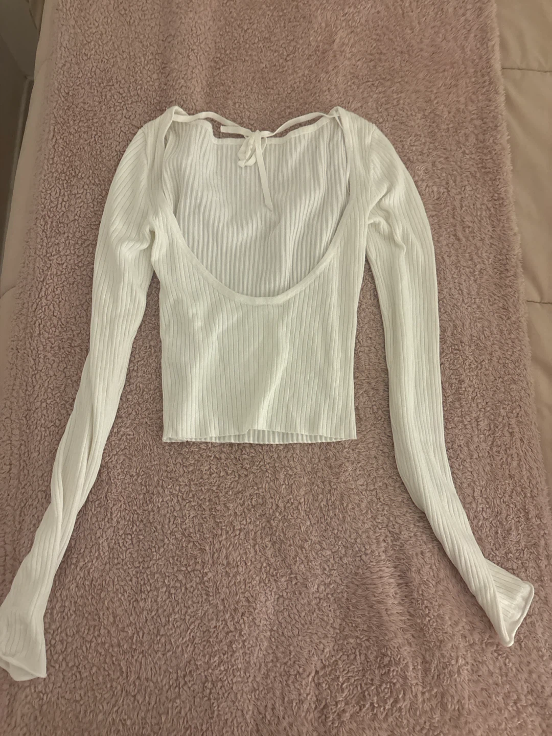 White Long Sleeve Ribbed Tie-Back Top - photo 2