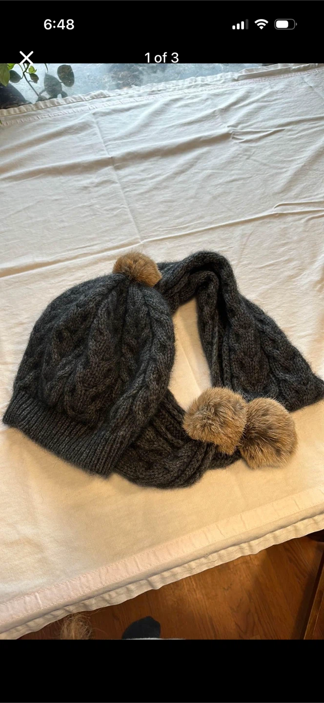 Matching Knit Winter Beanie Hat And Scarf With Rabbit Hair Poms
