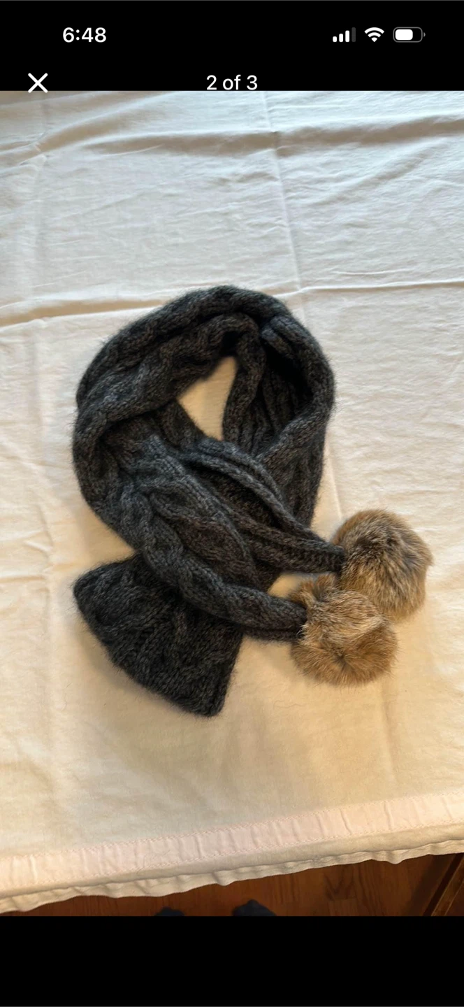 Matching Knit Winter Beanie Hat And Scarf With Rabbit Hair Poms - photo 2