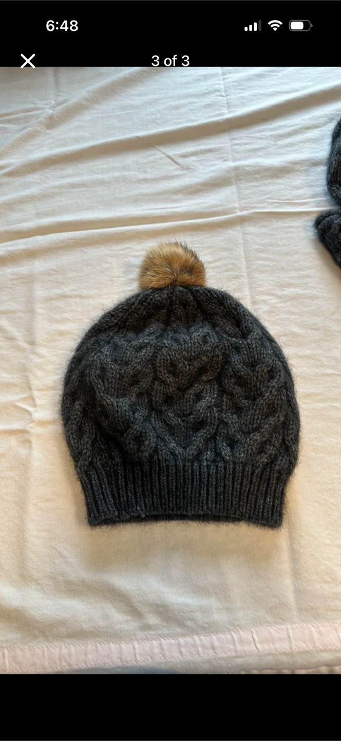 Matching Knit Winter Beanie Hat And Scarf With Rabbit Hair Poms - photo 3