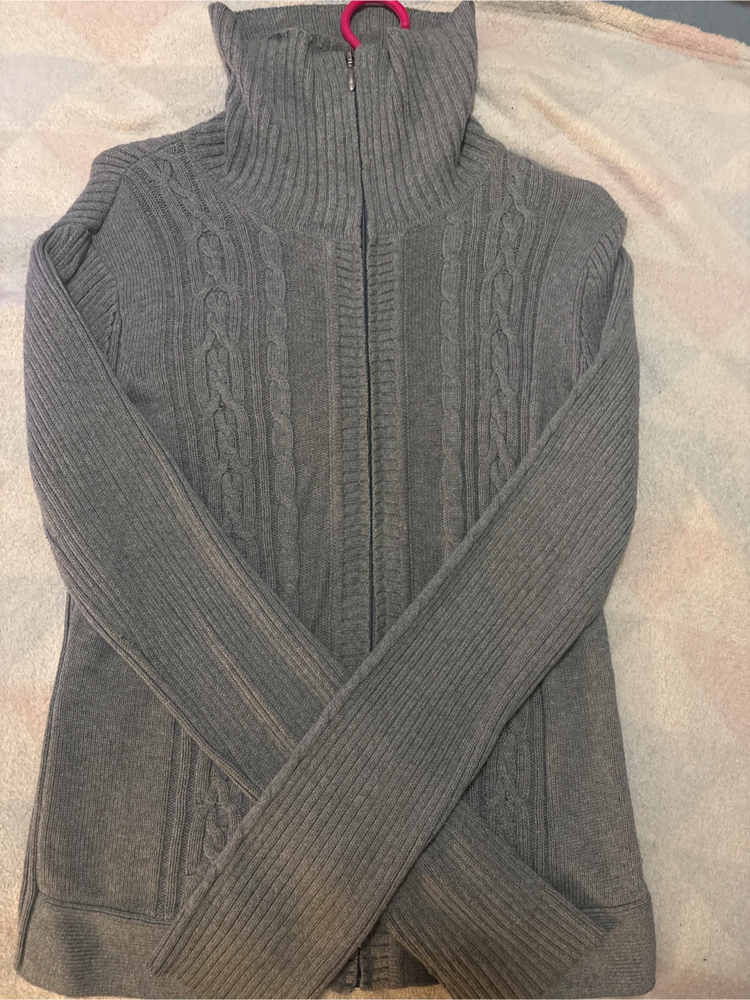 Grey Cable Knit Zip-Up Sweater