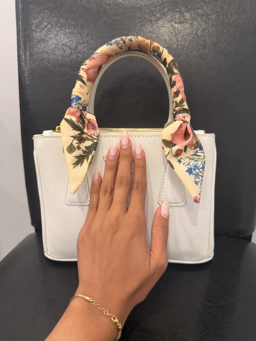 White Structured Handbag with Floral Ribbon Handle