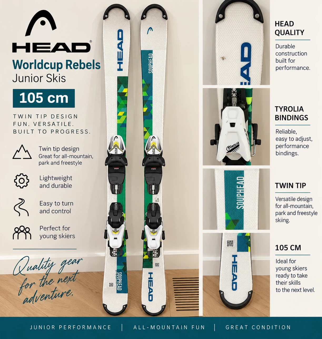 HEAD Junior Twin-Tip Skis – 127 cm – Bindings Included