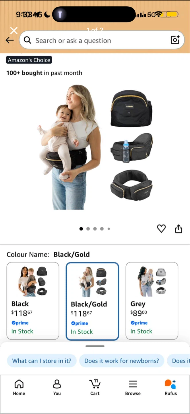 Tushbaby Strapless Baby Hipseat - Black & Gold - photo 2