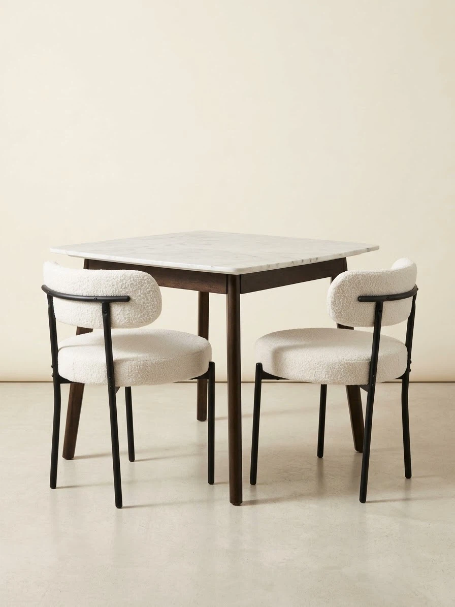 Marble Top Dining Table and Two Boucle Chairs