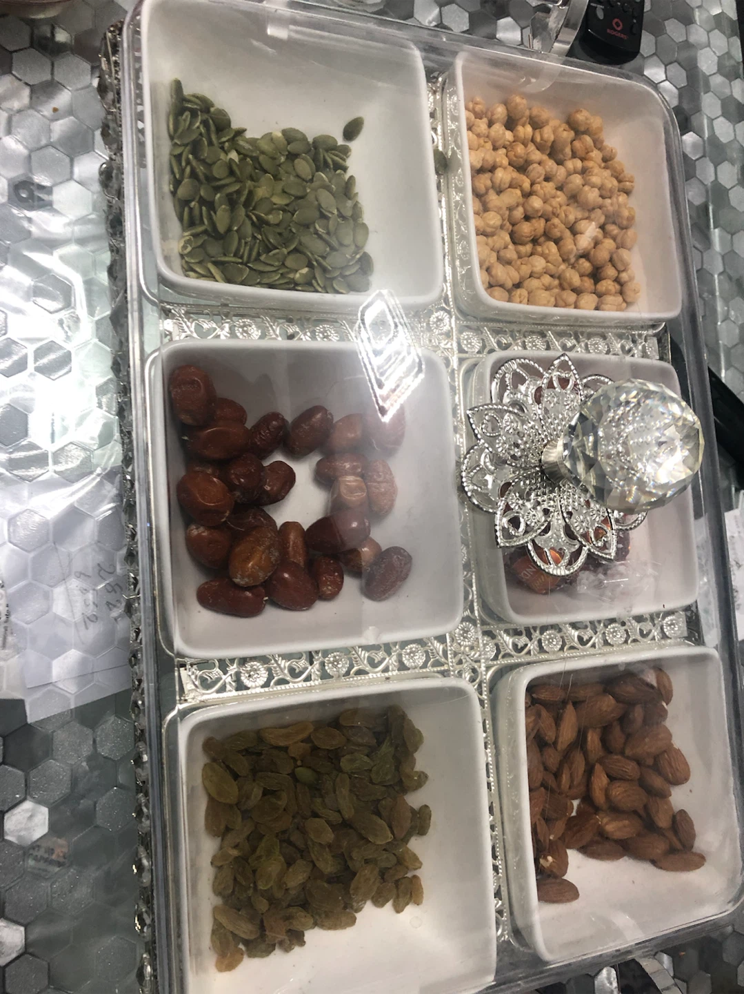 Silver Serving Tray with 6 Ceramic Bowls