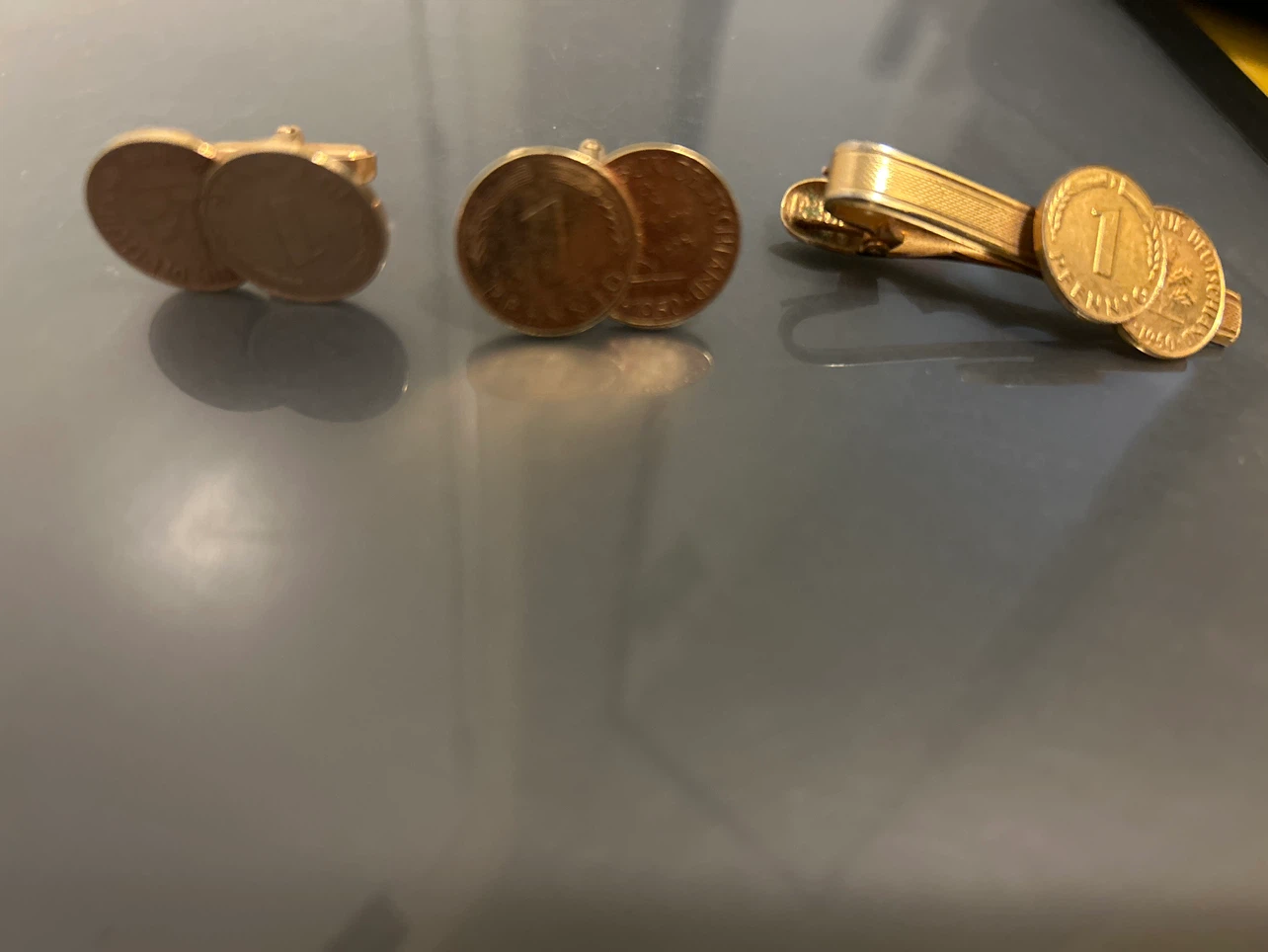 Vintage German 1 Pfennig Coin Cufflinks and Tie Clip Set