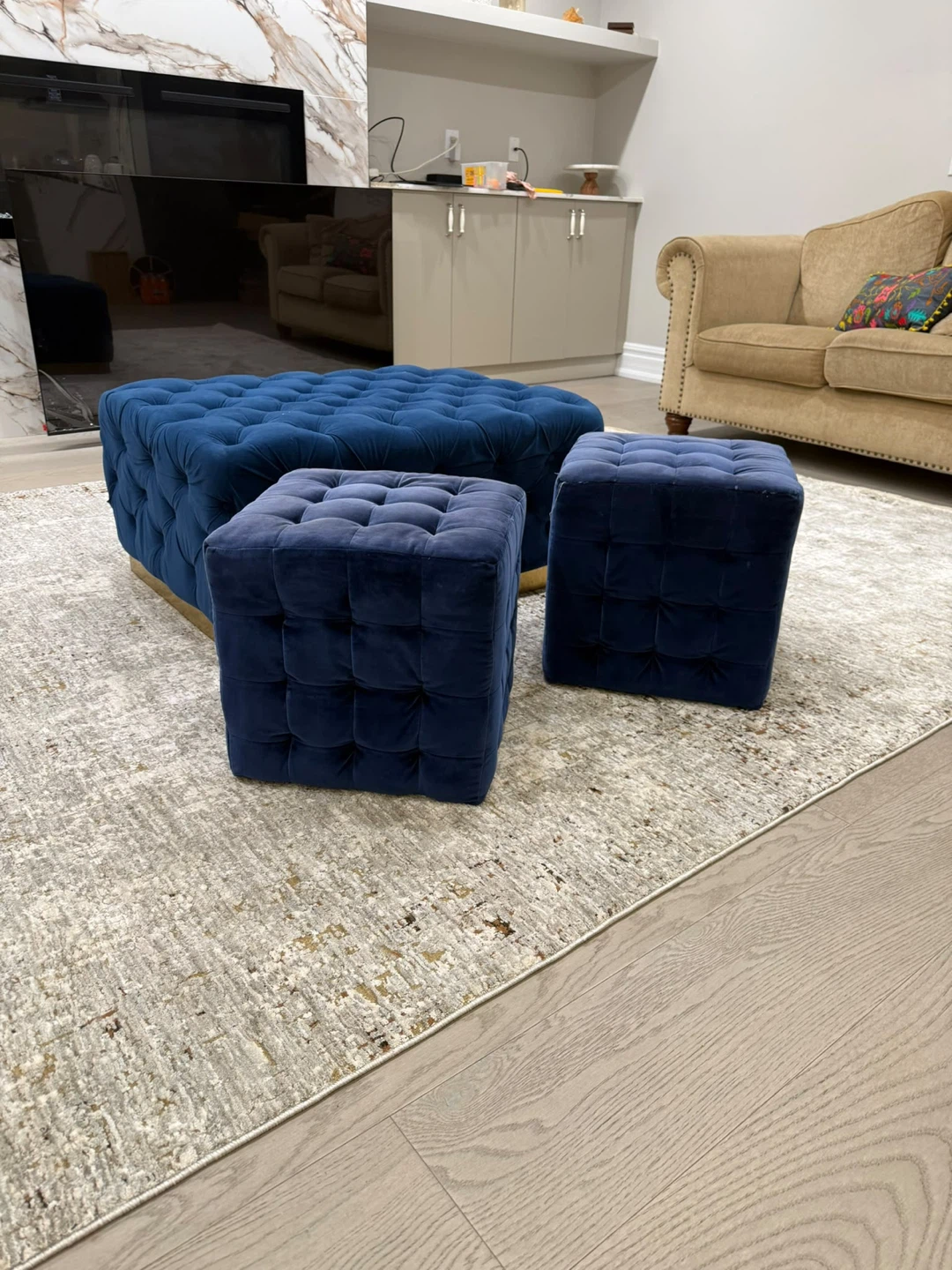 Blue Velvet Tufted Ottoman Set