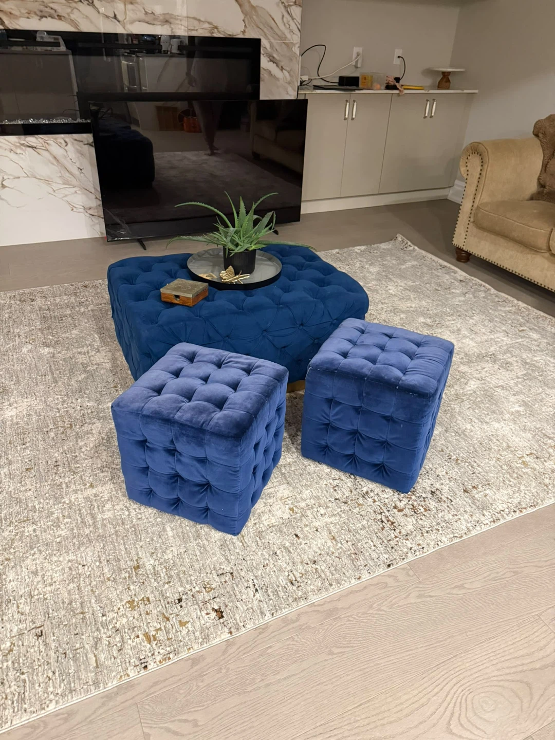 Blue Velvet Tufted Ottoman Set - photo 2