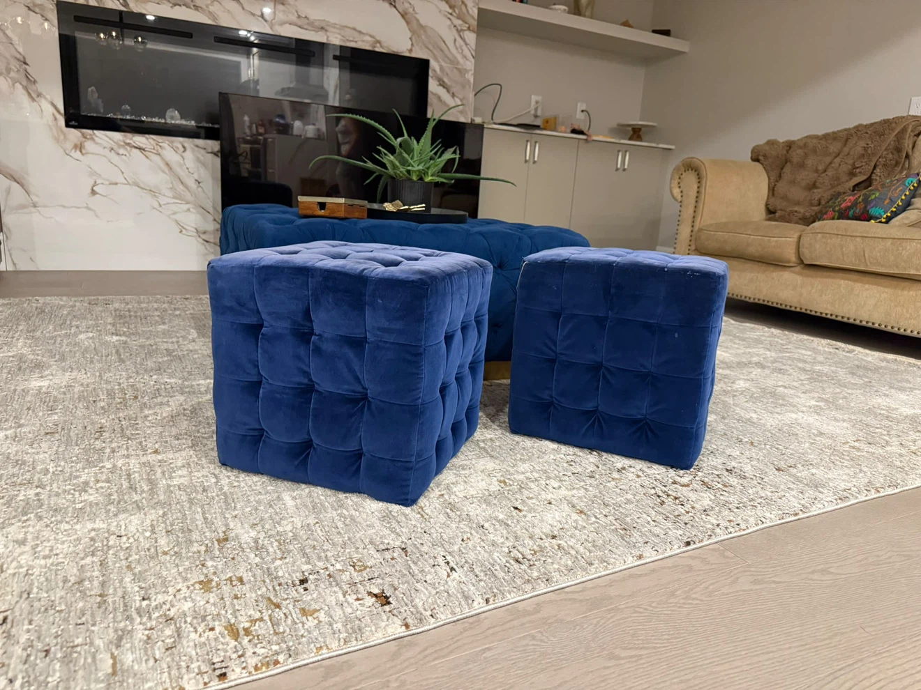 Blue Velvet Tufted Ottoman Set - photo 4
