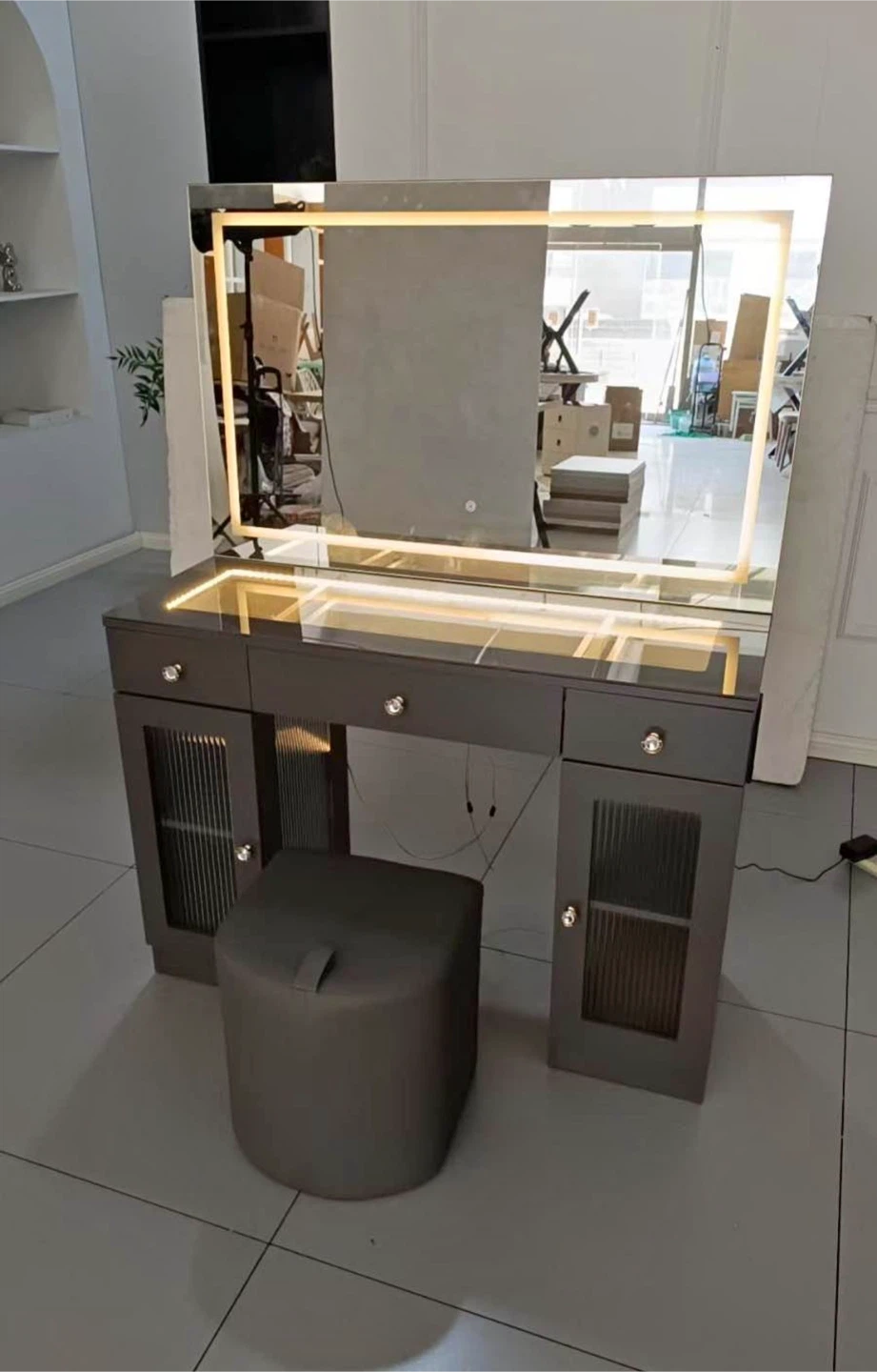 Modern LED Vanity Table with Mirror and Stool