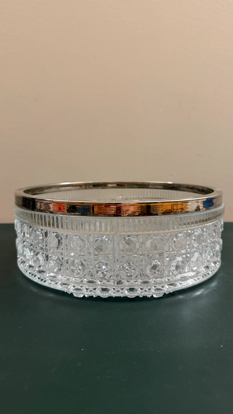 Vintage Glass Serving Bowl with Silver Rim