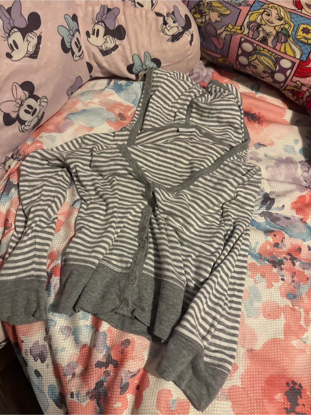 Grey and White Striped Hooded Cardigan