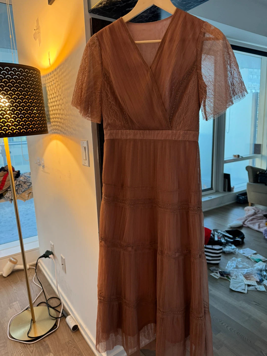 Pleated Lace Detail Midi Dress