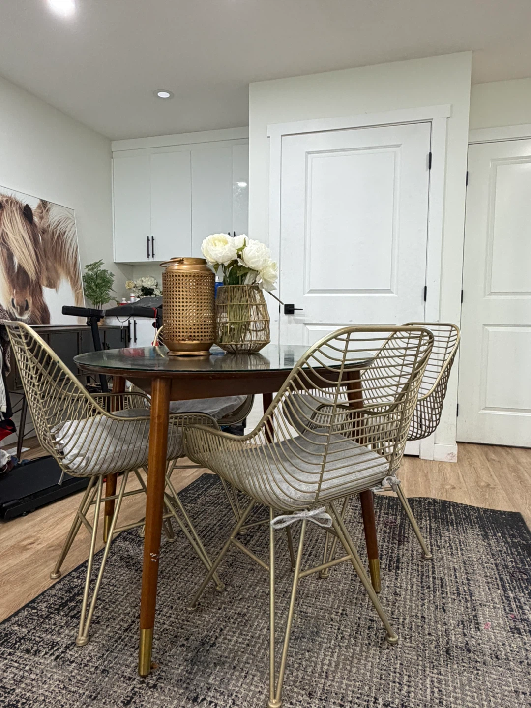 Set of 4 Gold Metal Dining Chairs with Cushions