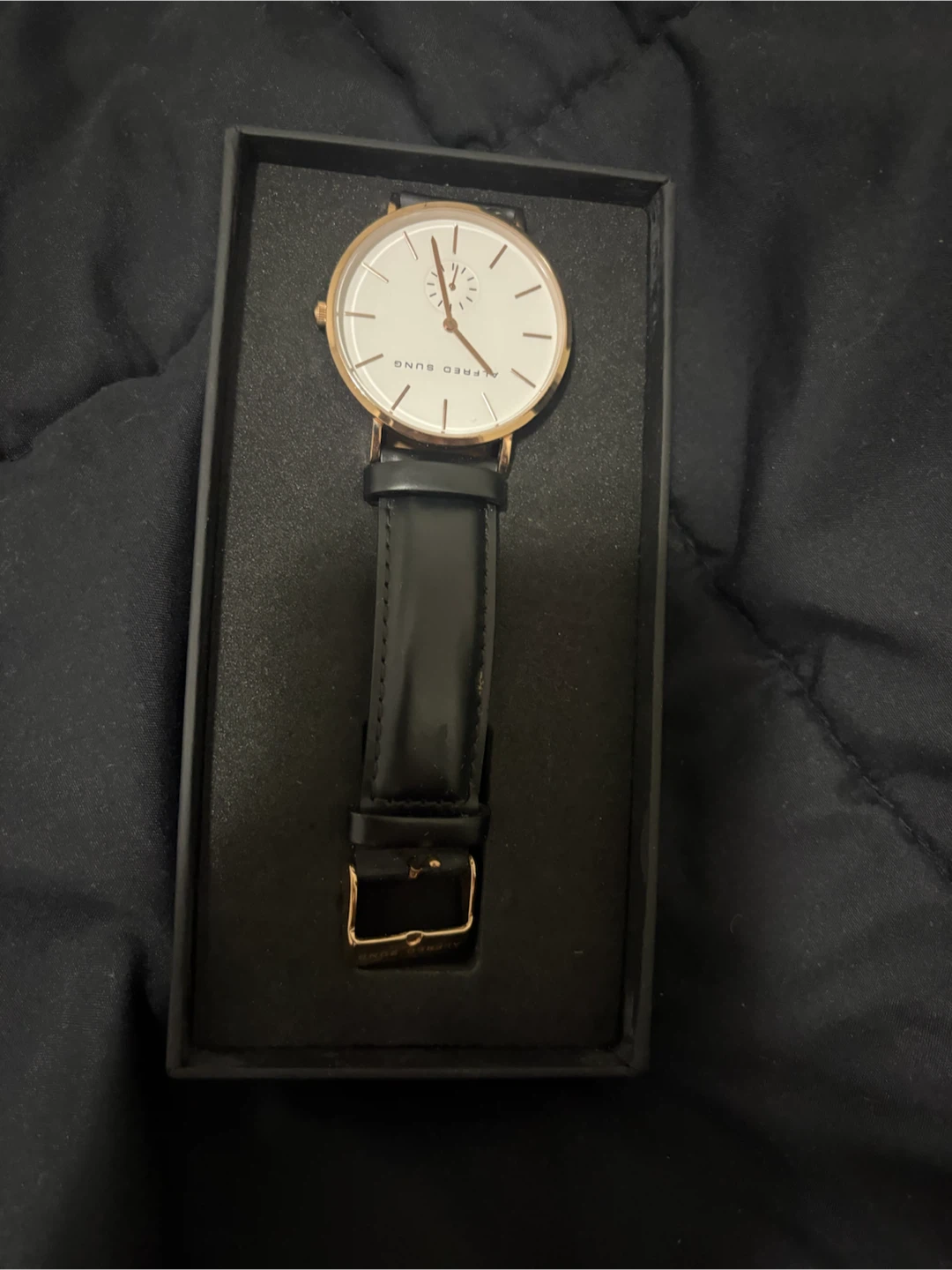 Alfred Sung Rose Gold and Black Leather Watch