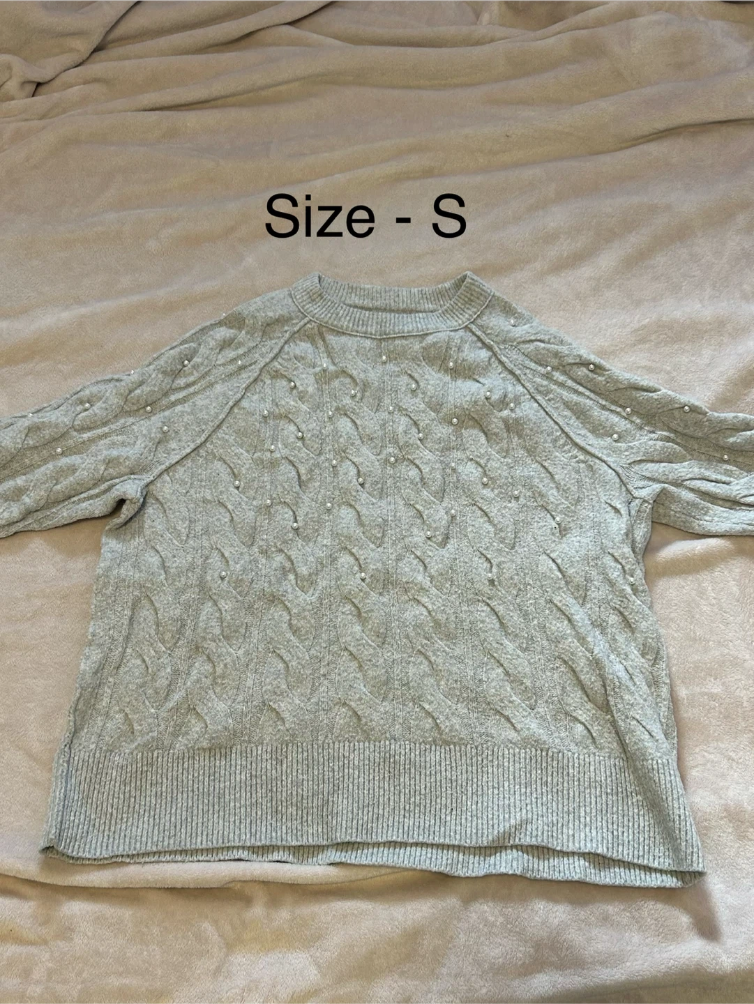 Grey Cable Knit Sweater with Pearl Details