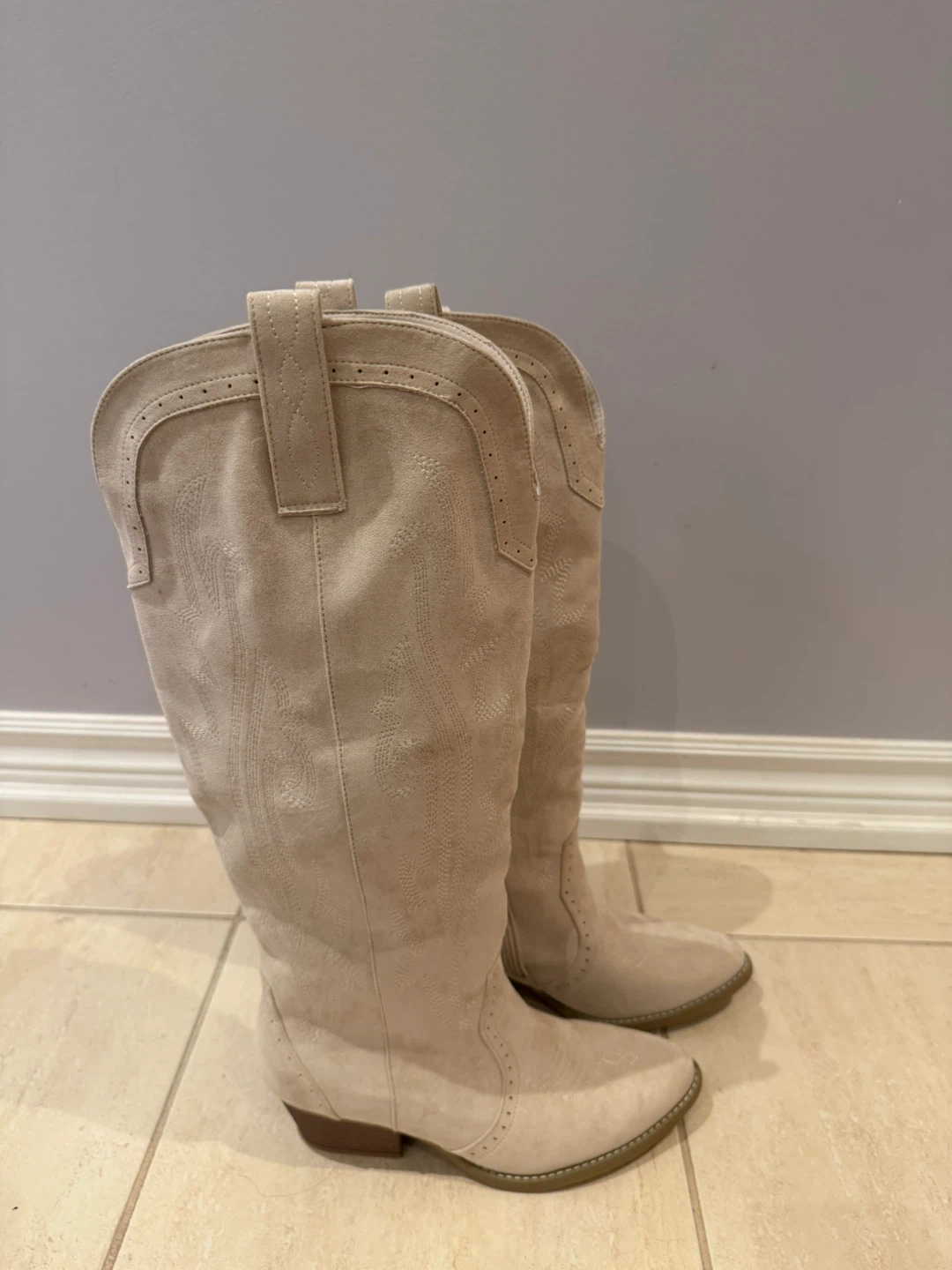 Beige Suede-Look Western Boots