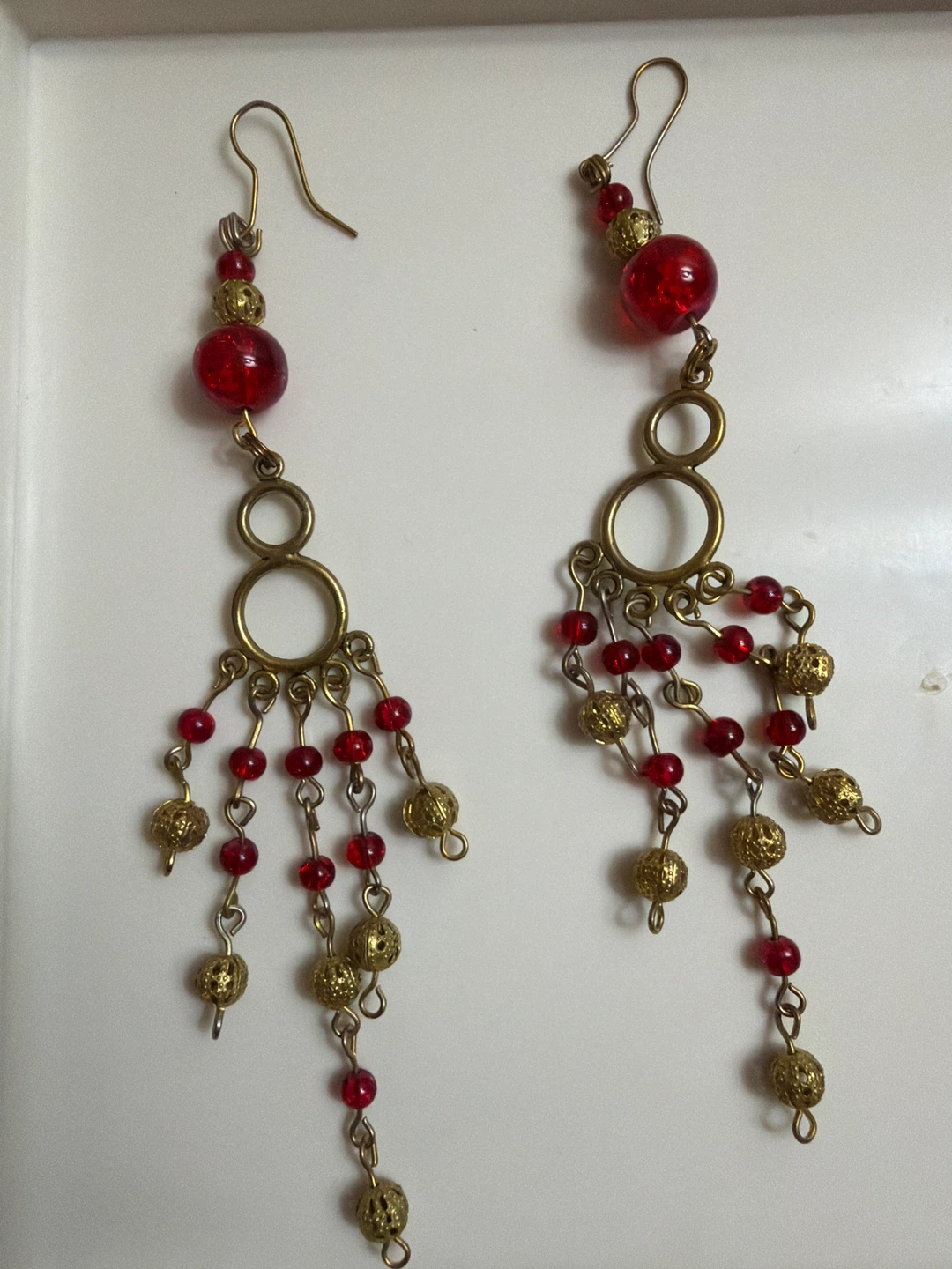 Red and Gold Beaded Dangle Earrings