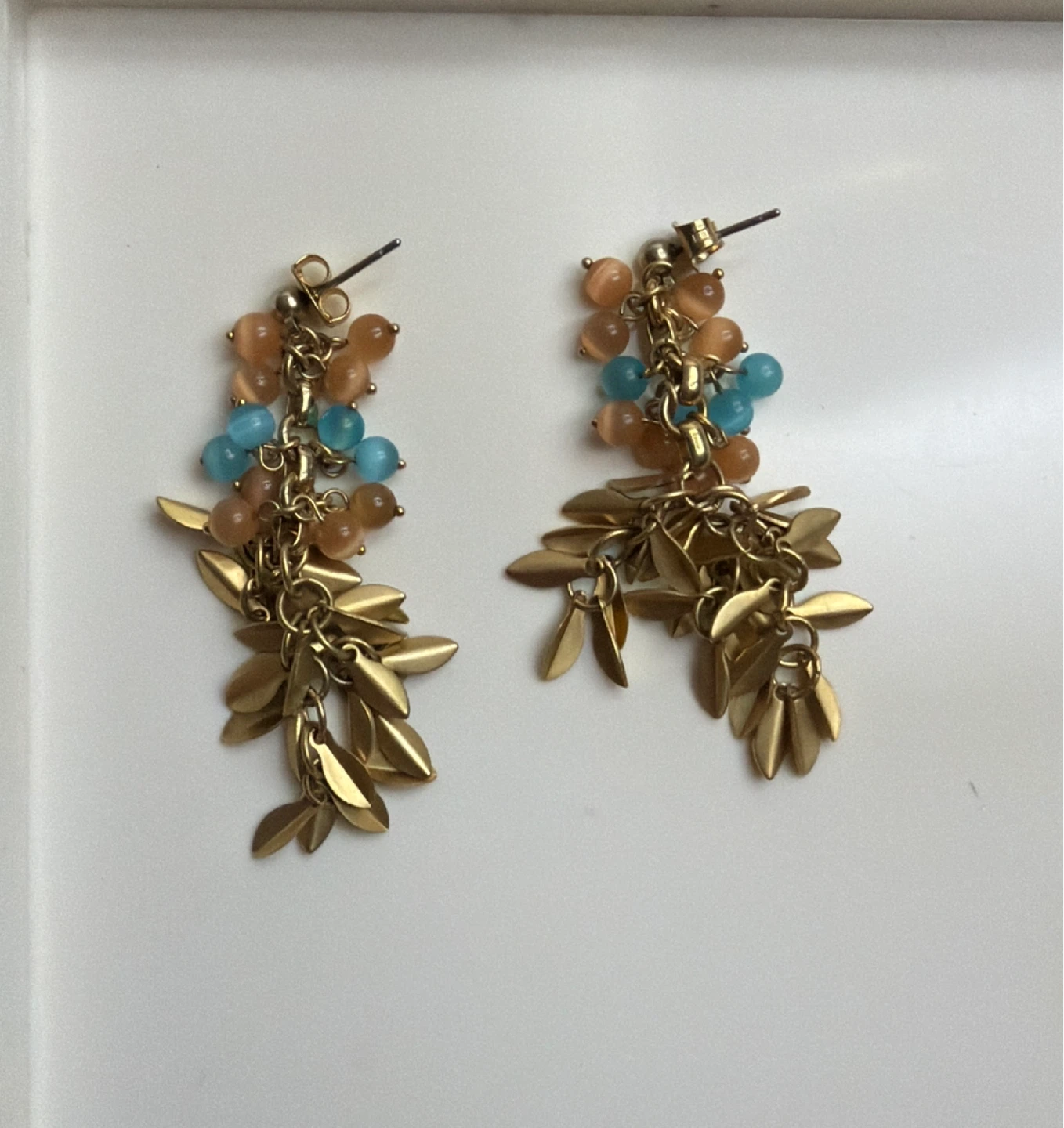 Gold-tone leaf and bead drop earrings
