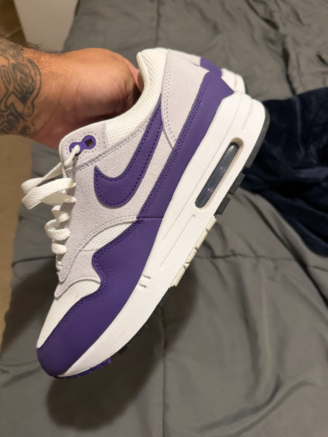Nike Air Max 1 White and Purple Sneakers