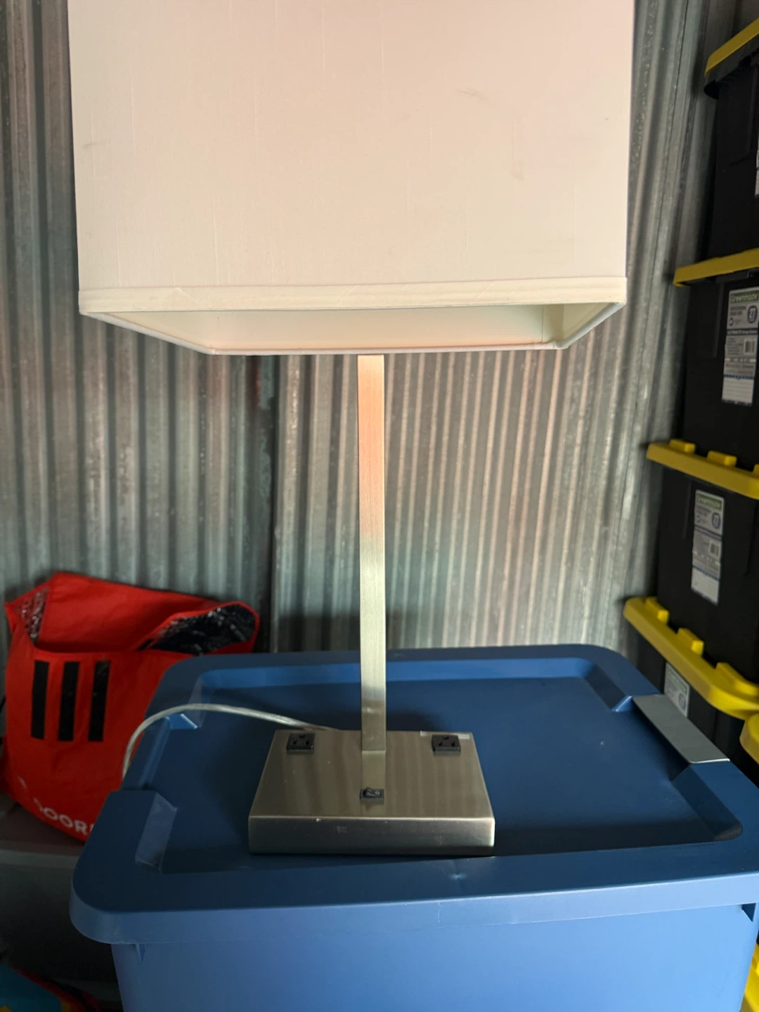 Brushed Nickel Table Lamp with Power Outlets