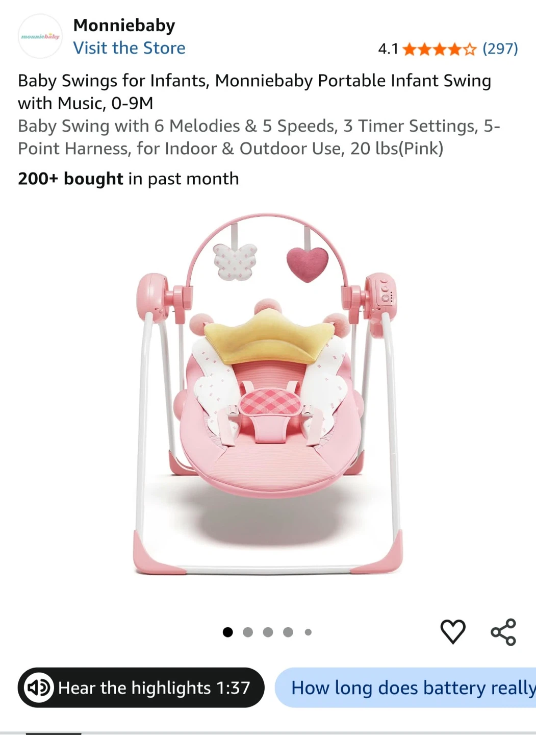 Monniebaby Portable Infant Swing, Pink - photo 2