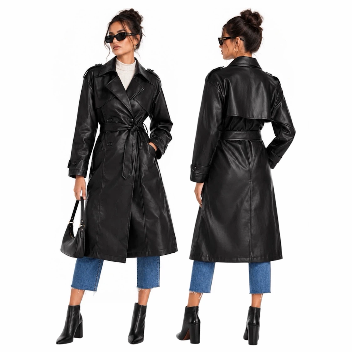 ANINE BING 2020 FINLEY FAUX LEATHER TRENCH COAT IN BLACK SZ SM