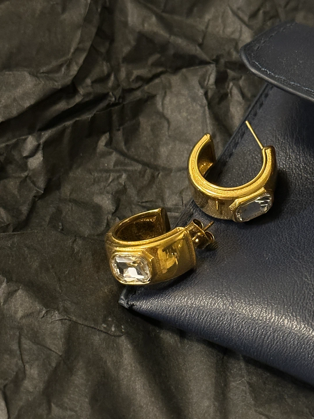 Gold Tone Hoop Earrings with Crystal Accents
