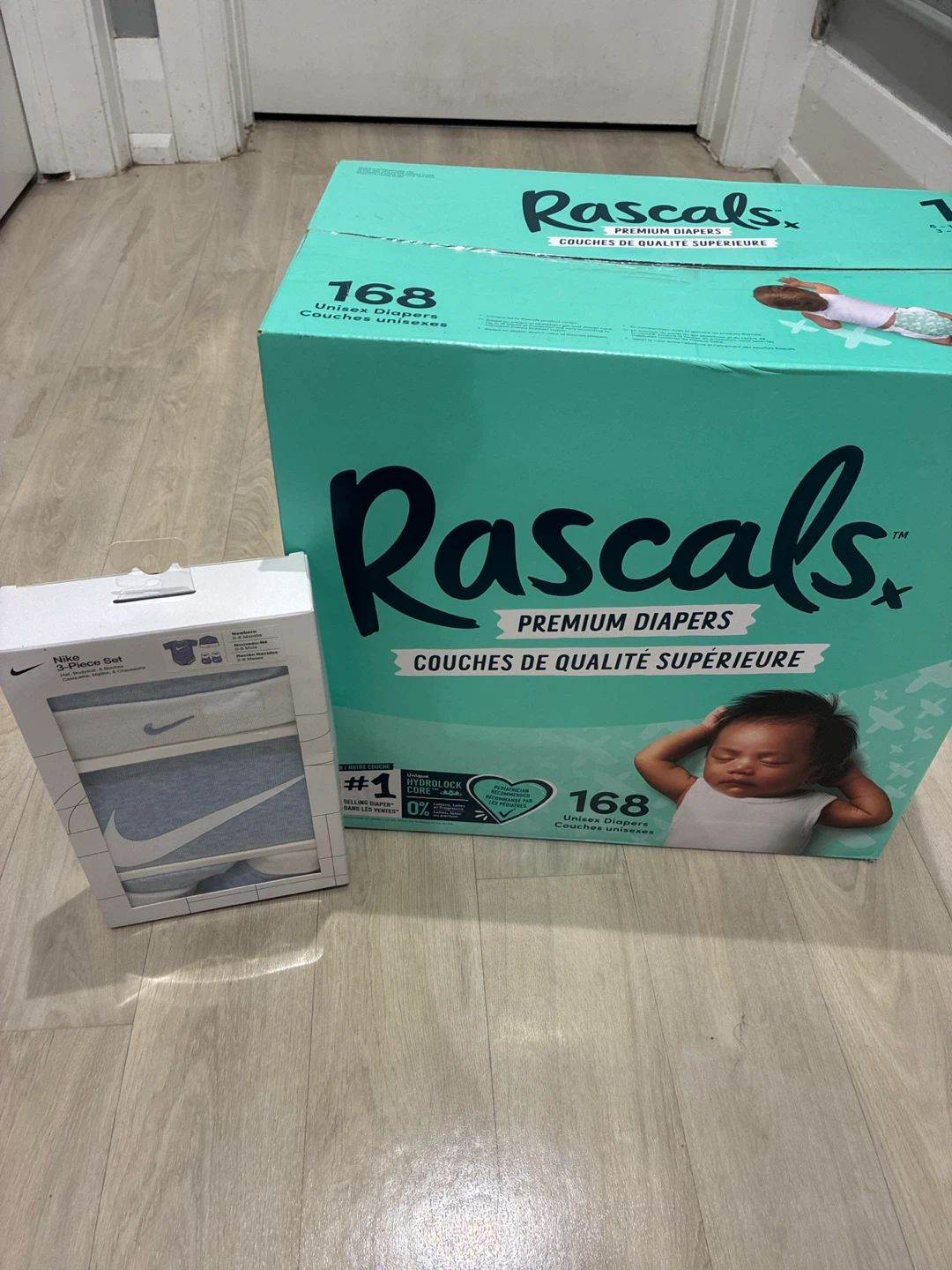 Rascals Size 1 Diapers (168 count) and Nike 3-Piece Set