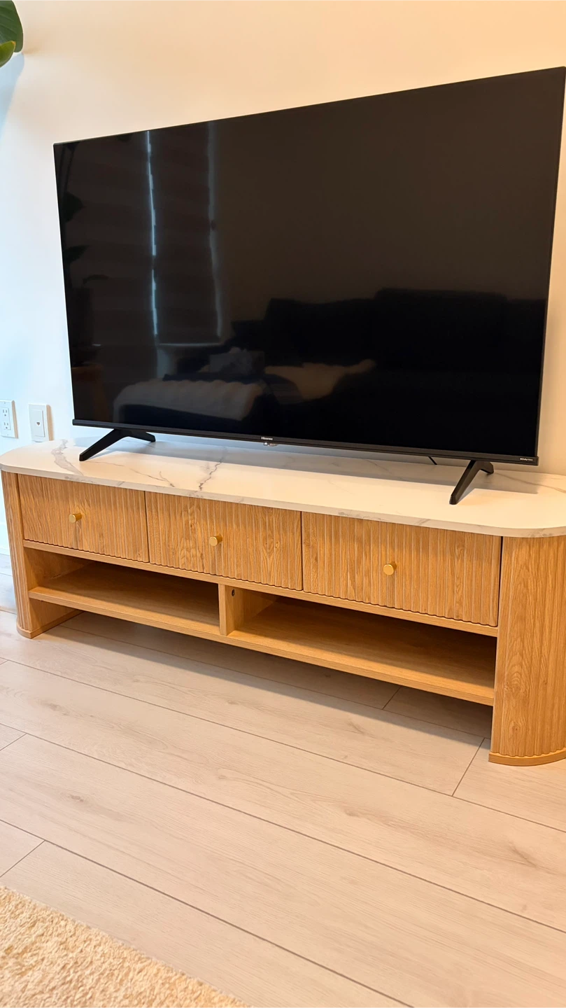 Modern Fluted Wood TV Stand with Faux Marble Top
