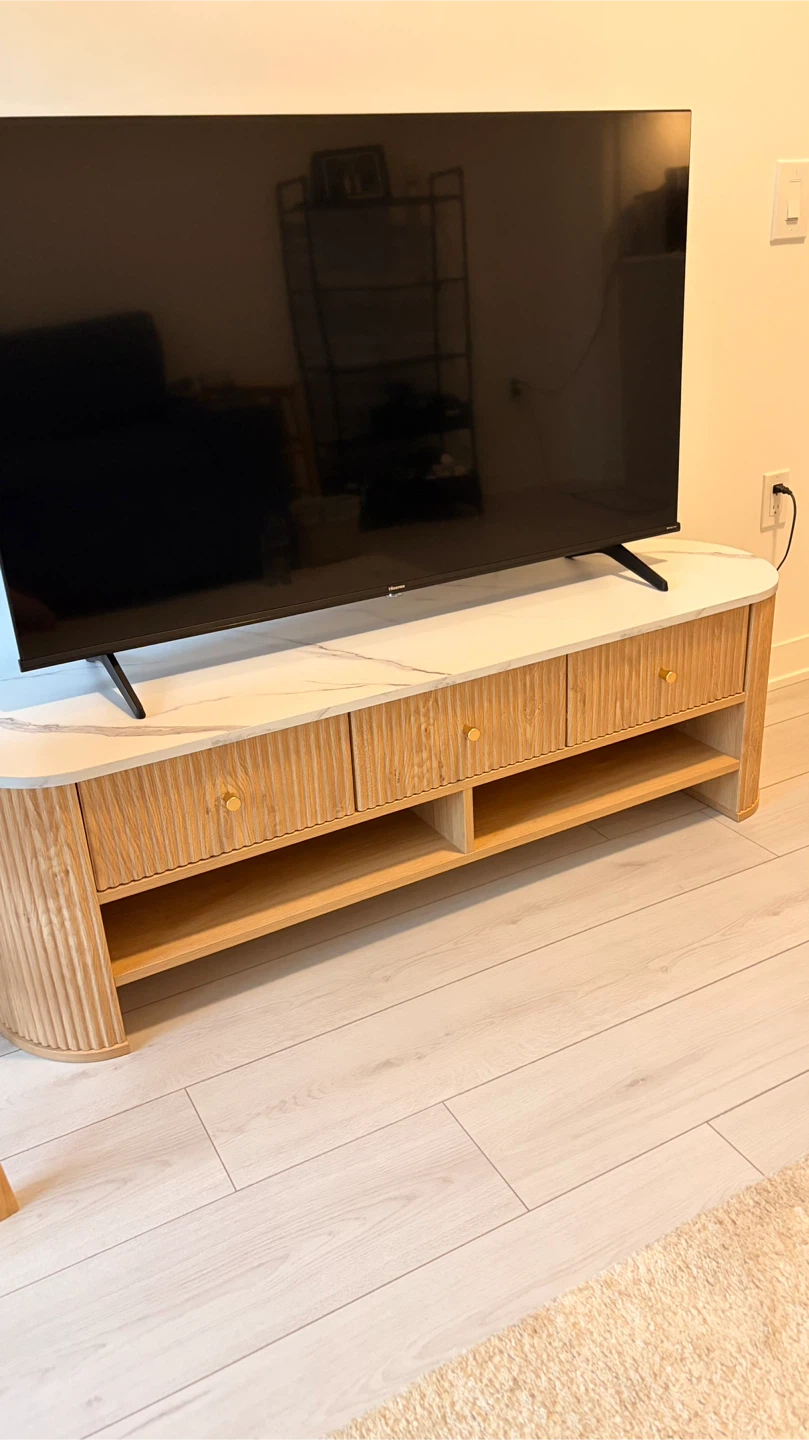 Modern Fluted Wood TV Stand with Faux Marble Top - photo 2