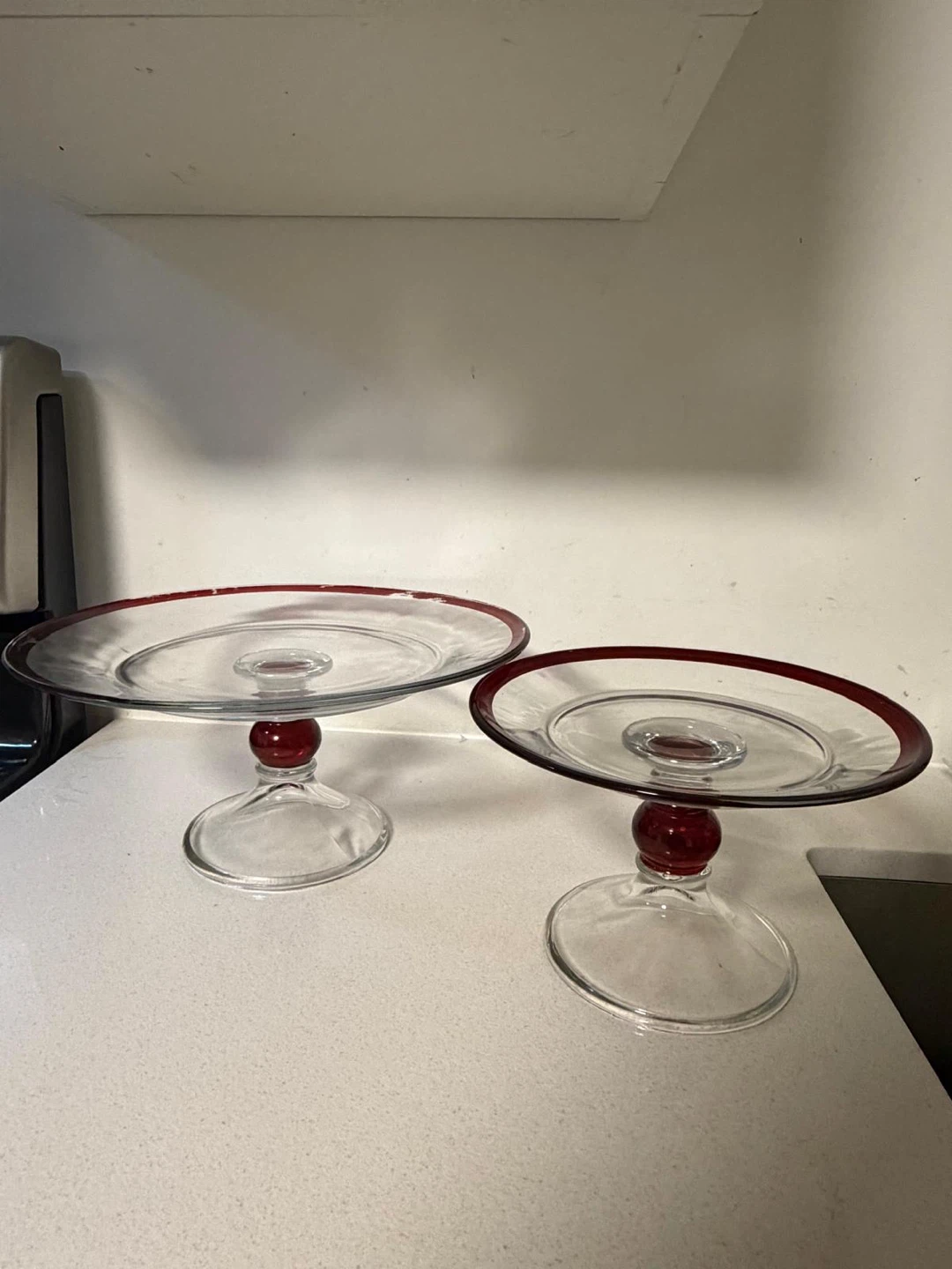 Set of 2 Elegant Glass Cake Stands – Burgundy Red Trim