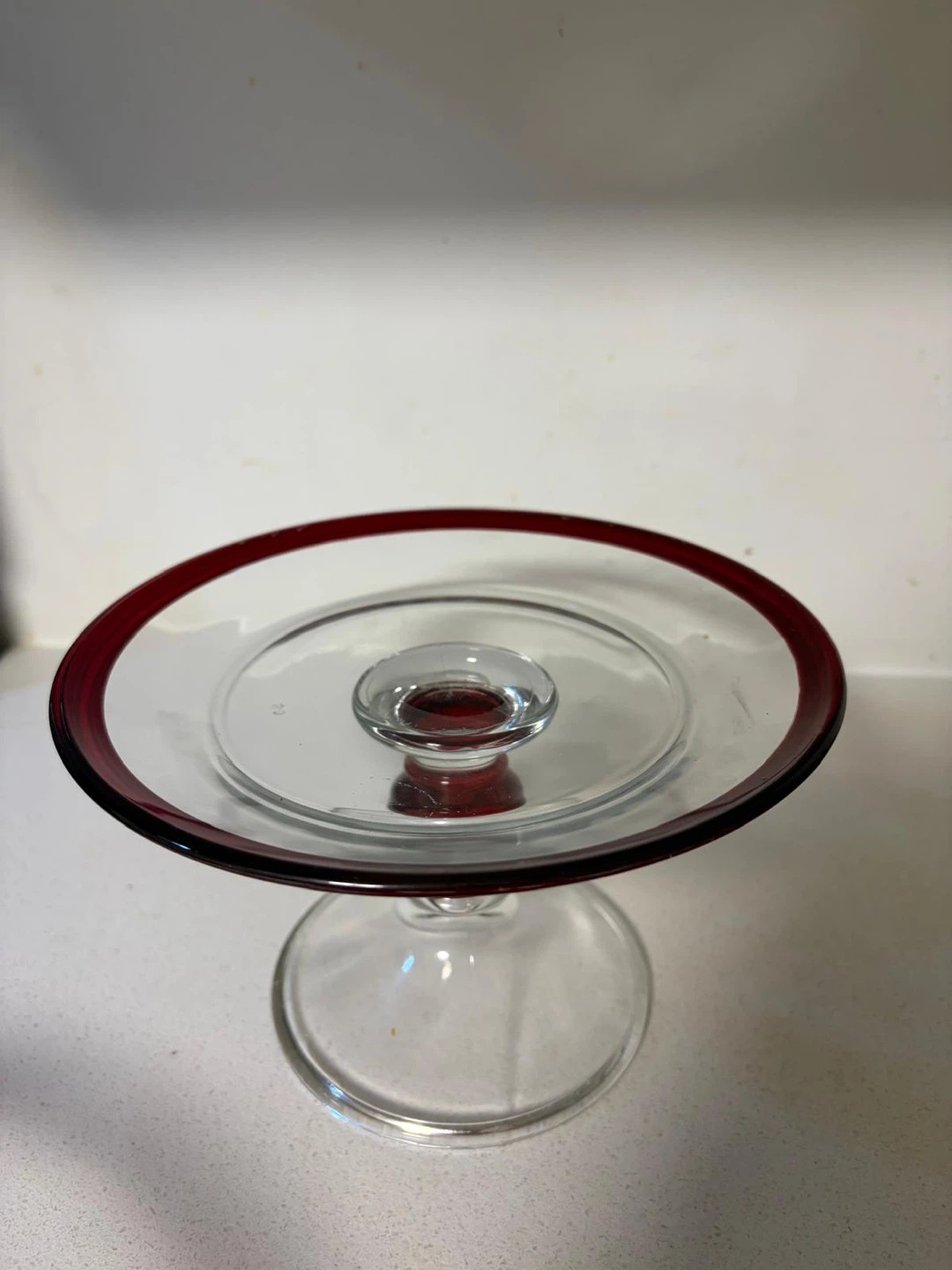 Set of 2 Elegant Glass Cake Stands – Burgundy Red Trim - photo 2