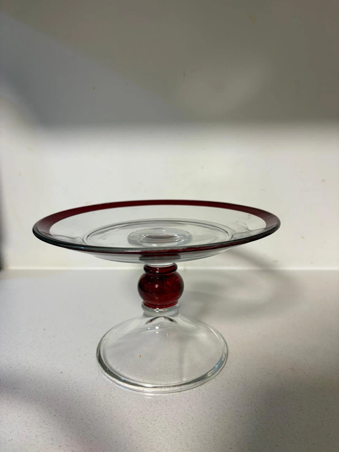 Set of 2 Elegant Glass Cake Stands – Burgundy Red Trim - photo 3