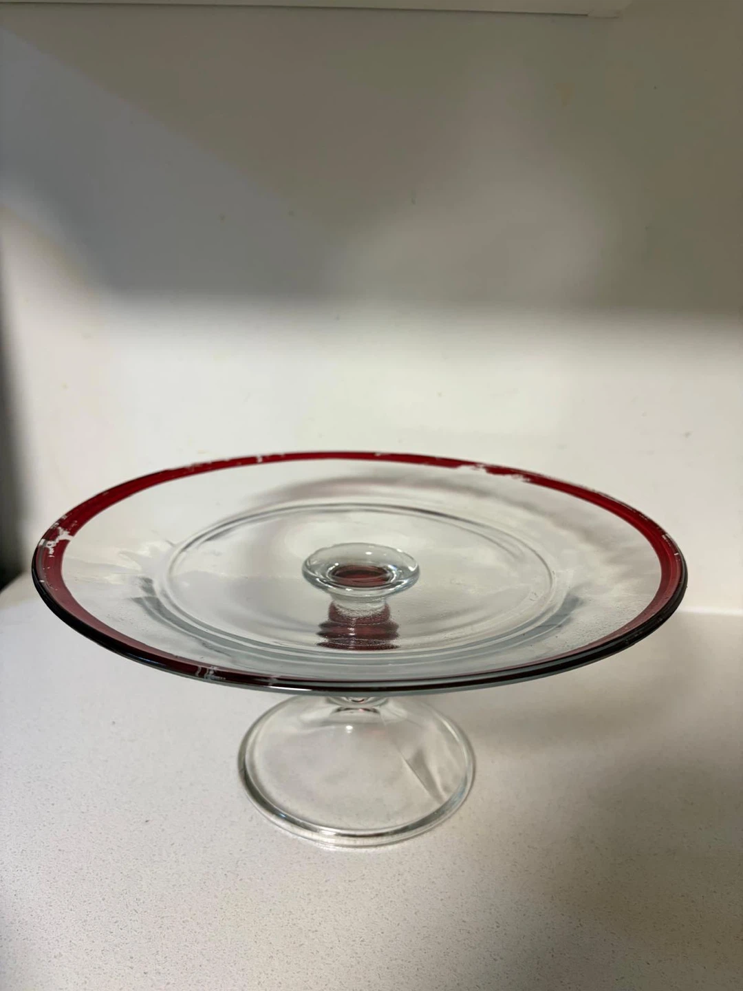 Set of 2 Elegant Glass Cake Stands – Burgundy Red Trim - photo 4