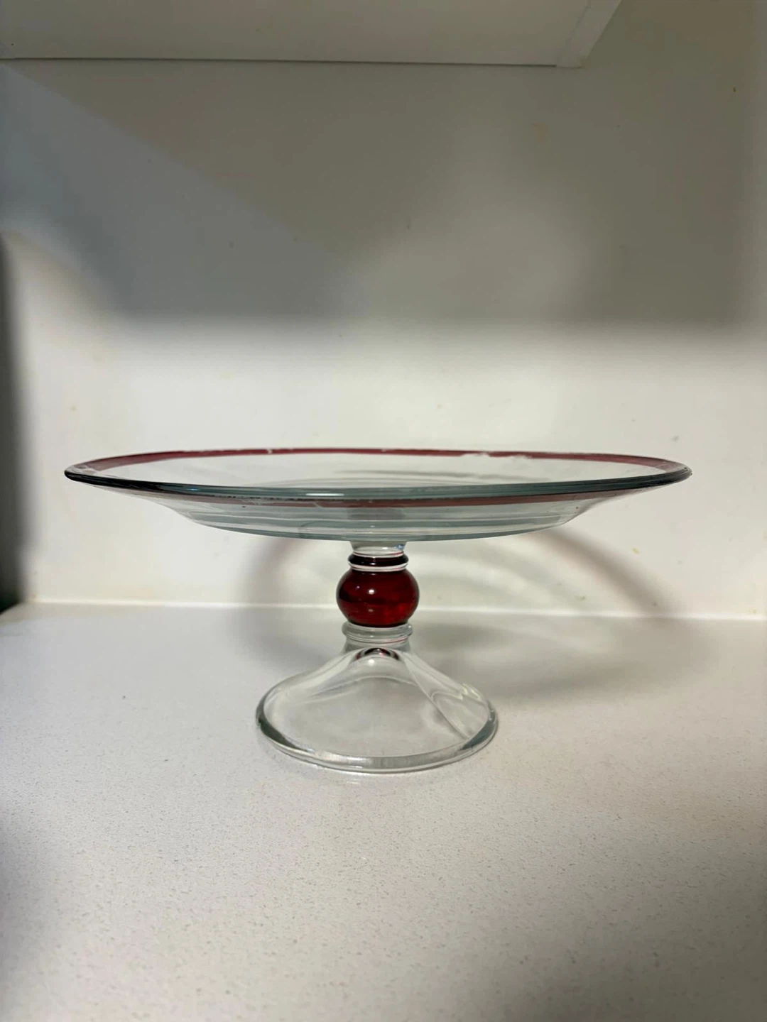 Set of 2 Elegant Glass Cake Stands – Burgundy Red Trim - photo 5