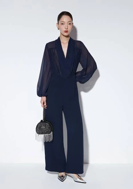 Diane Von Furstenberg Navy Blue Long Sleeve Silk Jumpsuit