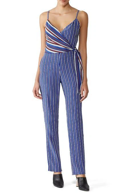 Rag & Bone Blue Striped Silk Wrap Jumpsuit