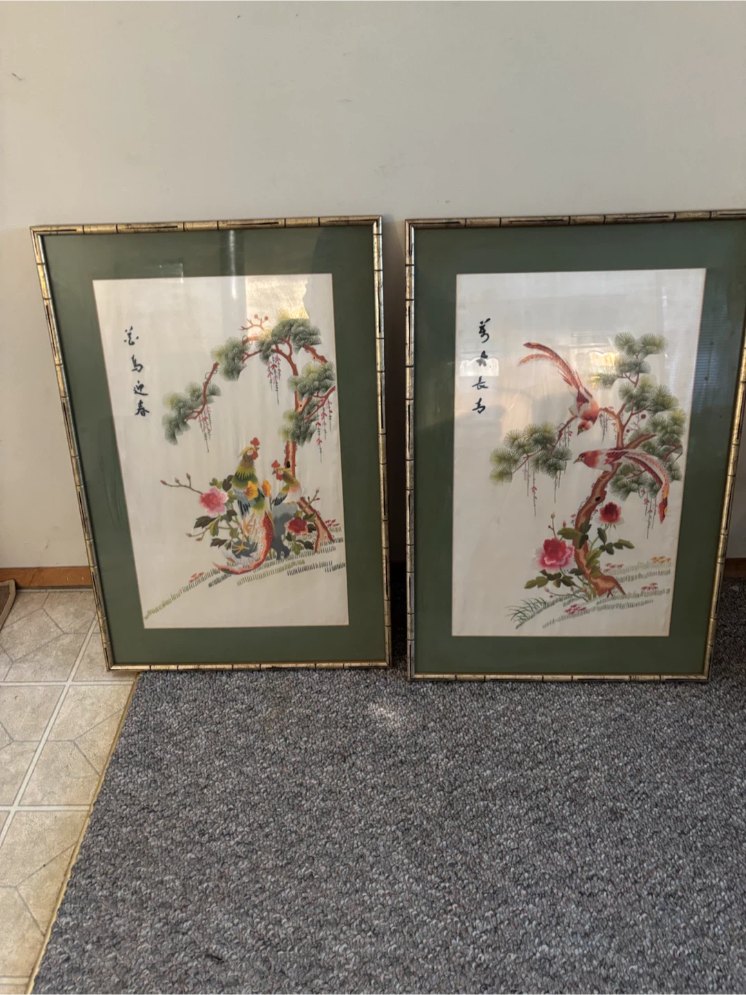Set of Two Framed Chinese Bird and Floral Silk Art