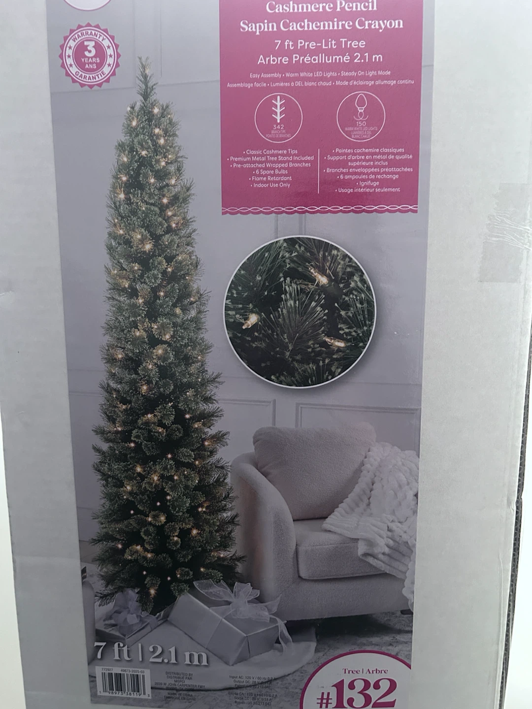 7ft Pre-Lit Cashmere Pencil Christmas Tree