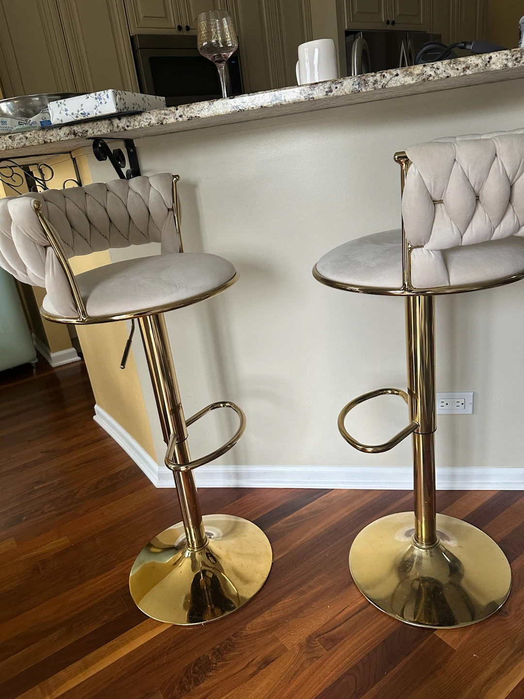 Set of Two Velvet and Gold Bar Stools