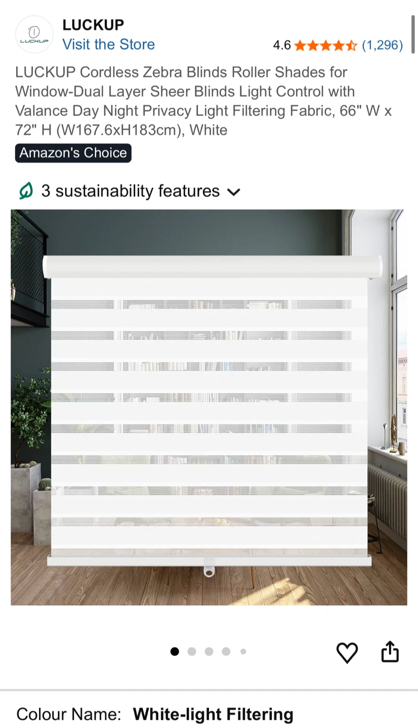 LUCKUP Cordless Zebra Blinds Roller Shades - White