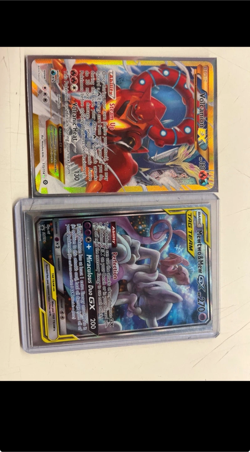 Volcanion EX and Mewtwo & Mew GX Pokemon Cards